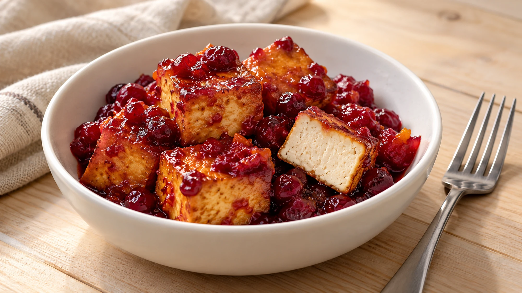 Cranberry glazed tofu with a cut cube showing its firm center
