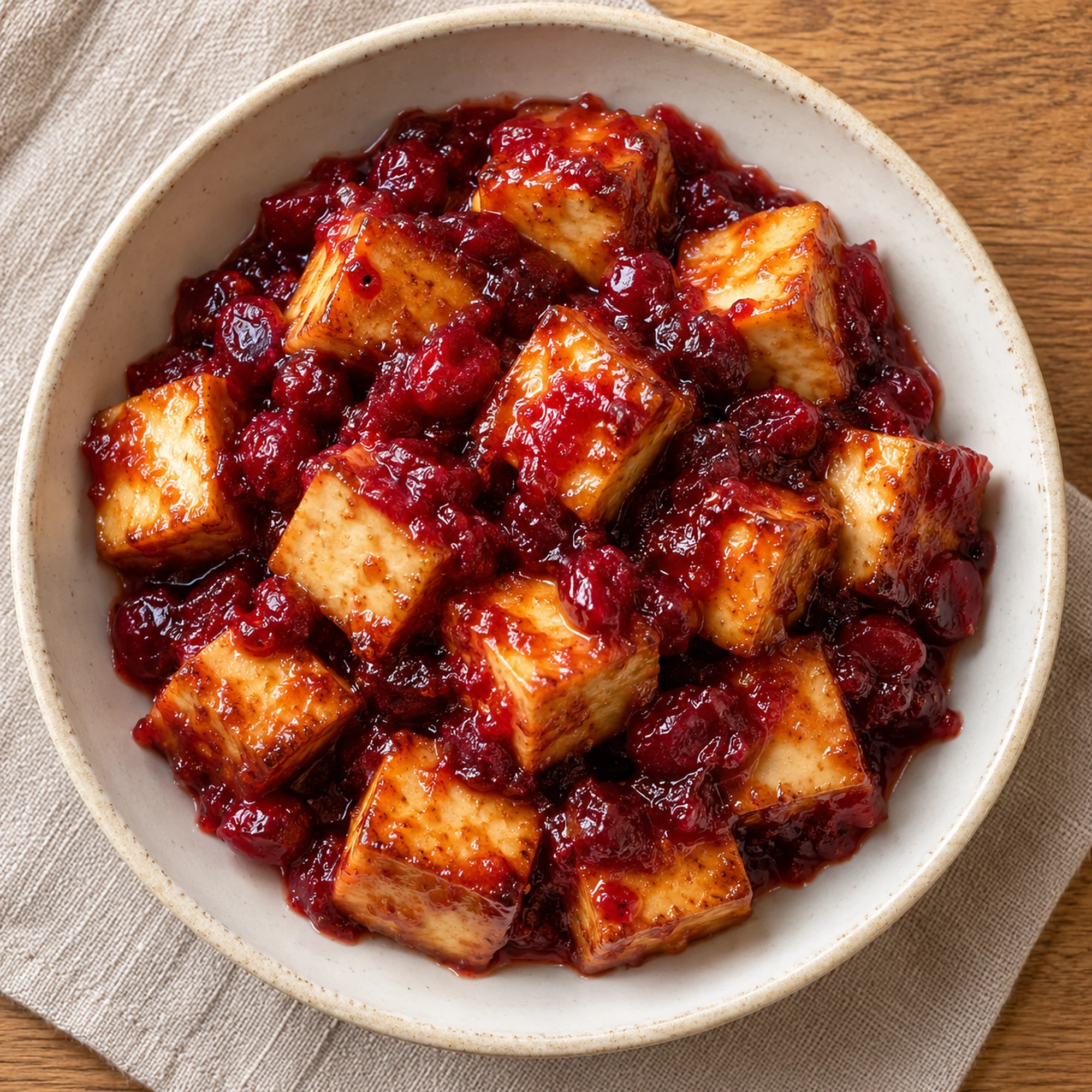 Overhead bowl of cranberry glazed tofu with chunky berry sauce
