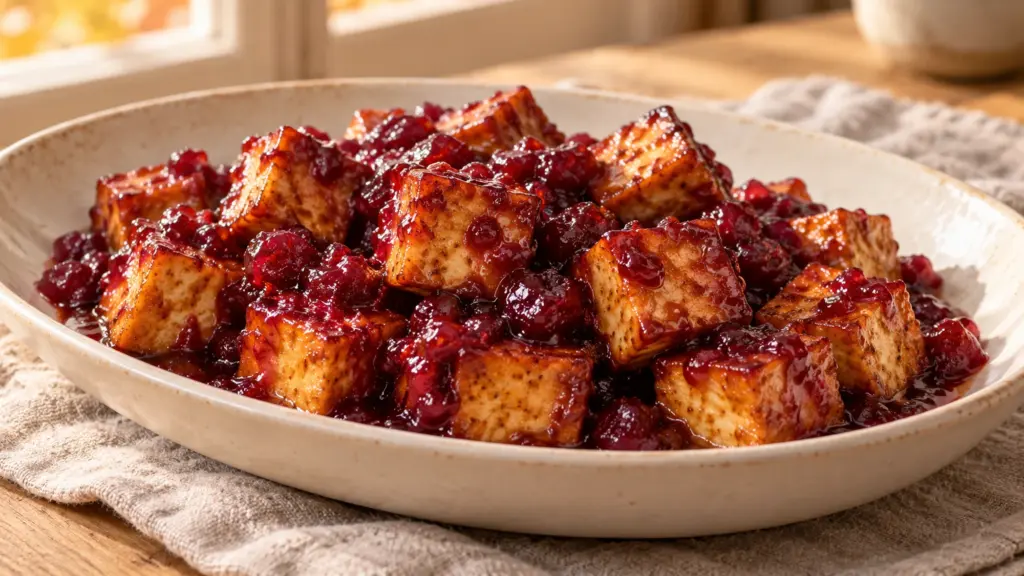 Cranberry glazed tofu with ruby sauce on an ivory platter