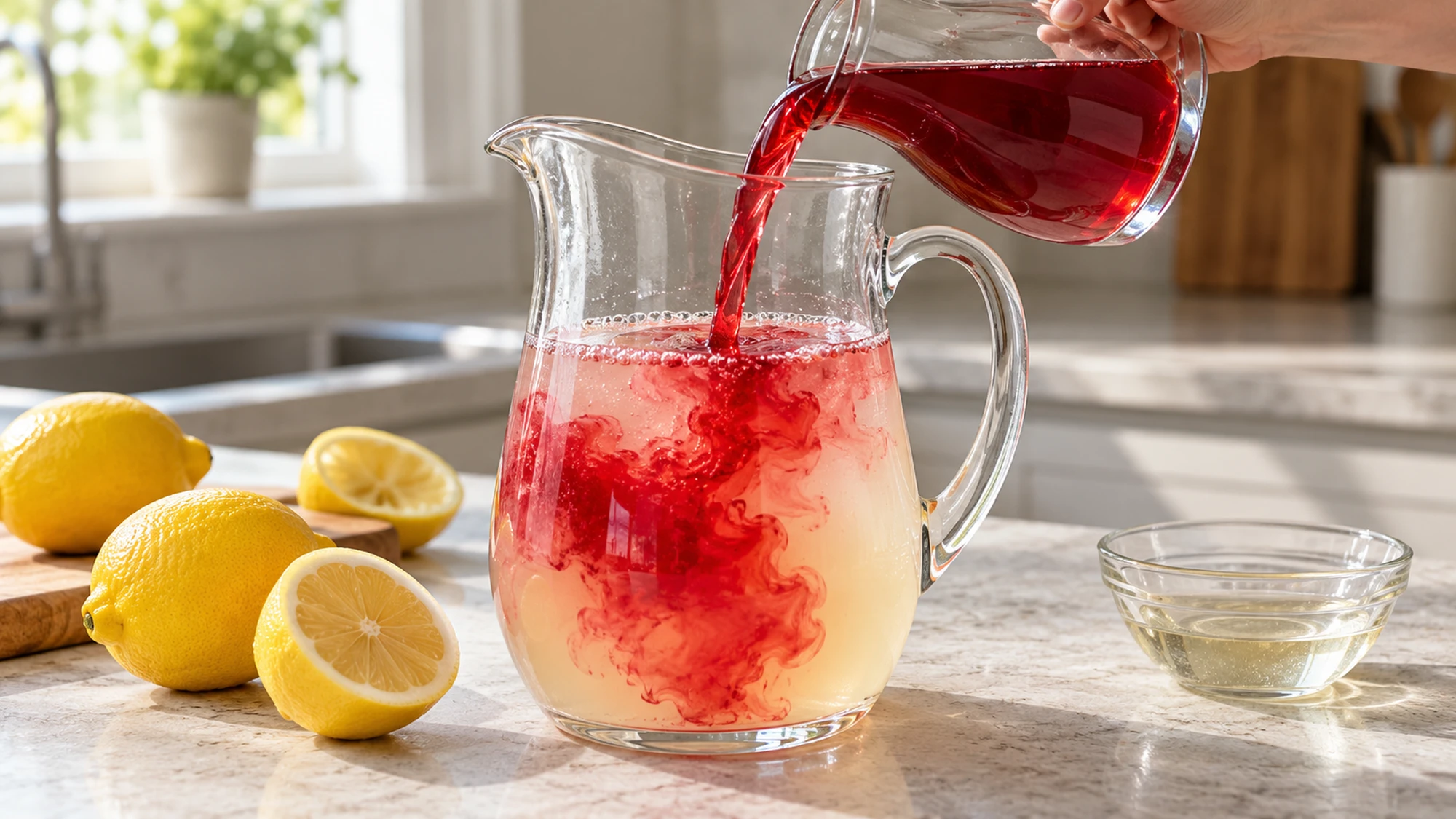 Cranberry lemonade mixing as red juice pours into lemon water