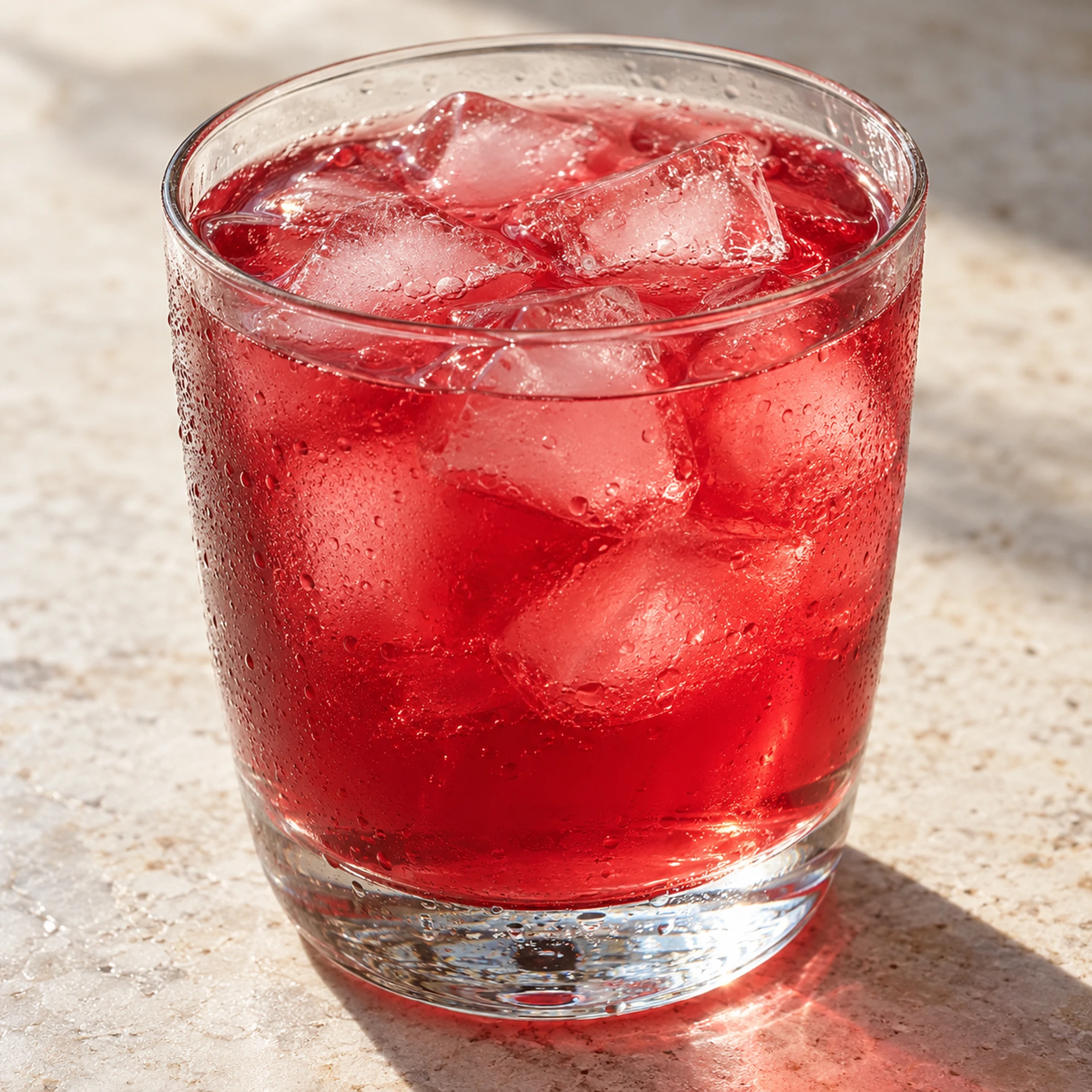 A glass of rosy cranberry lemonade with ice