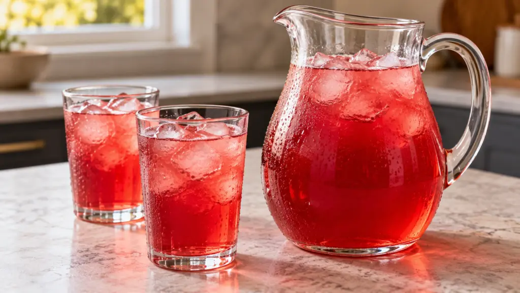 Cranberry lemonade in a clear pitcher and two glasses with ice