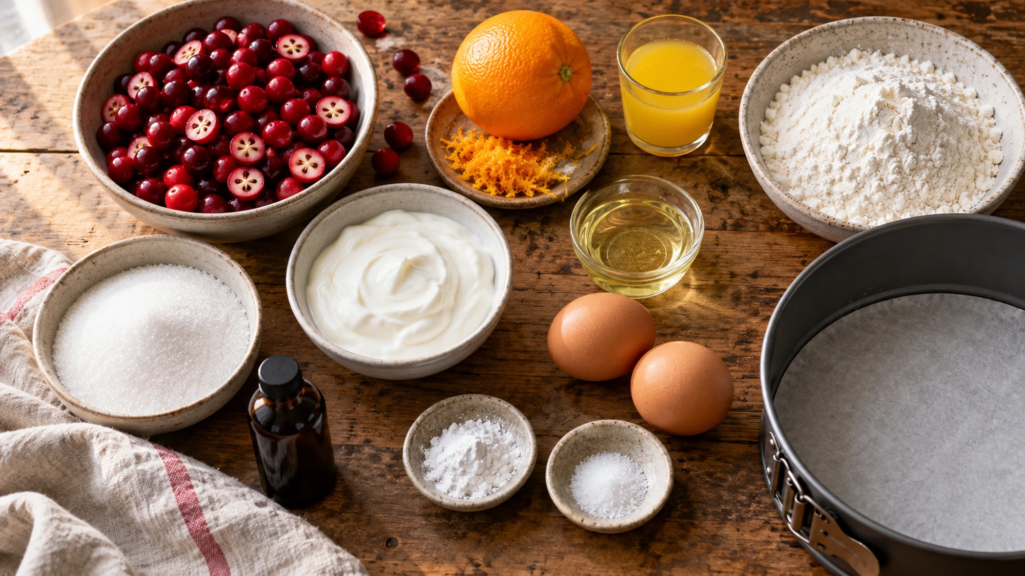 Cranberries, orange, yogurt, flour, sugar, eggs and oil for cranberry orange cake