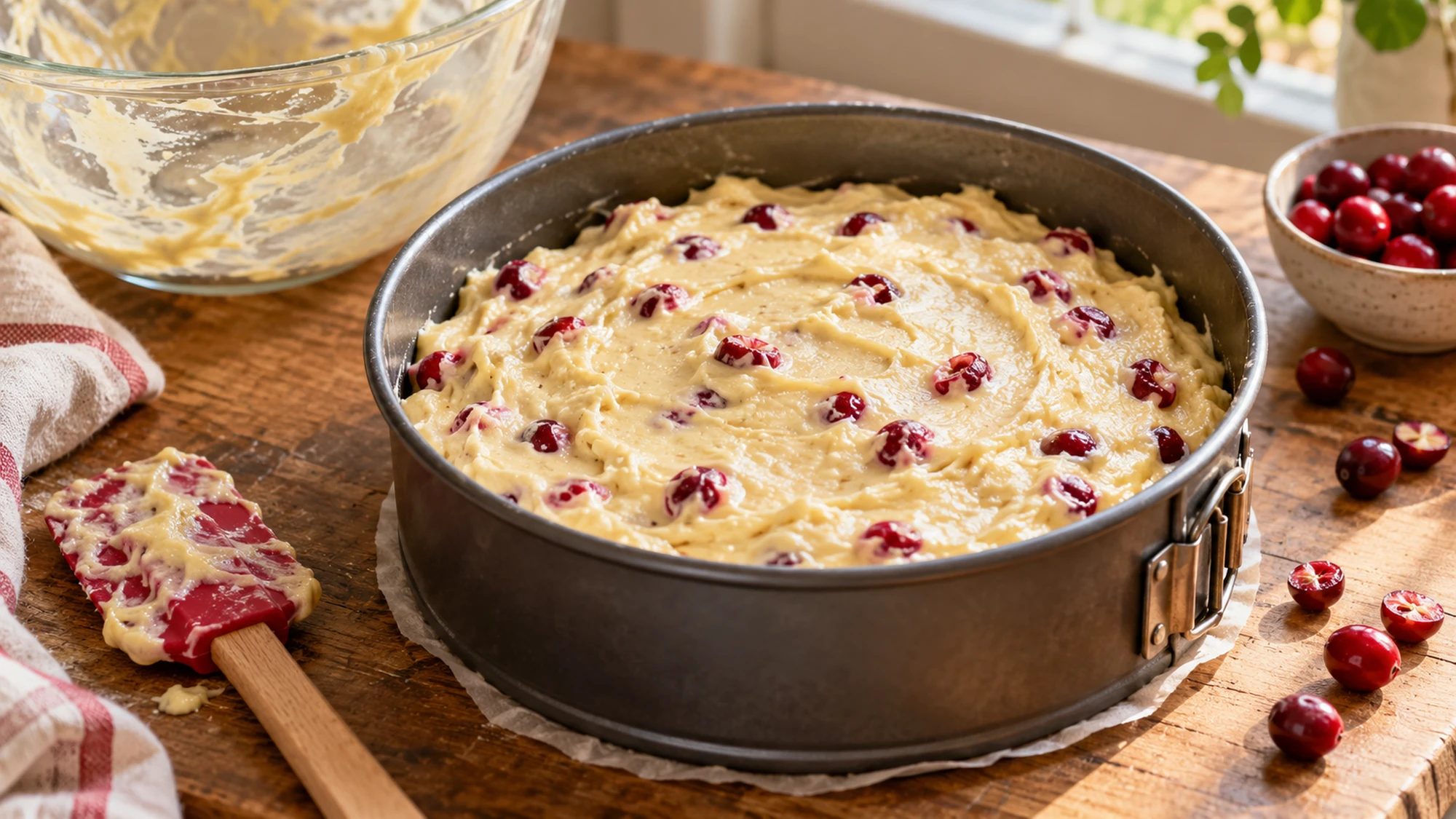 Cranberry orange cake batter in a round springform pan before baking