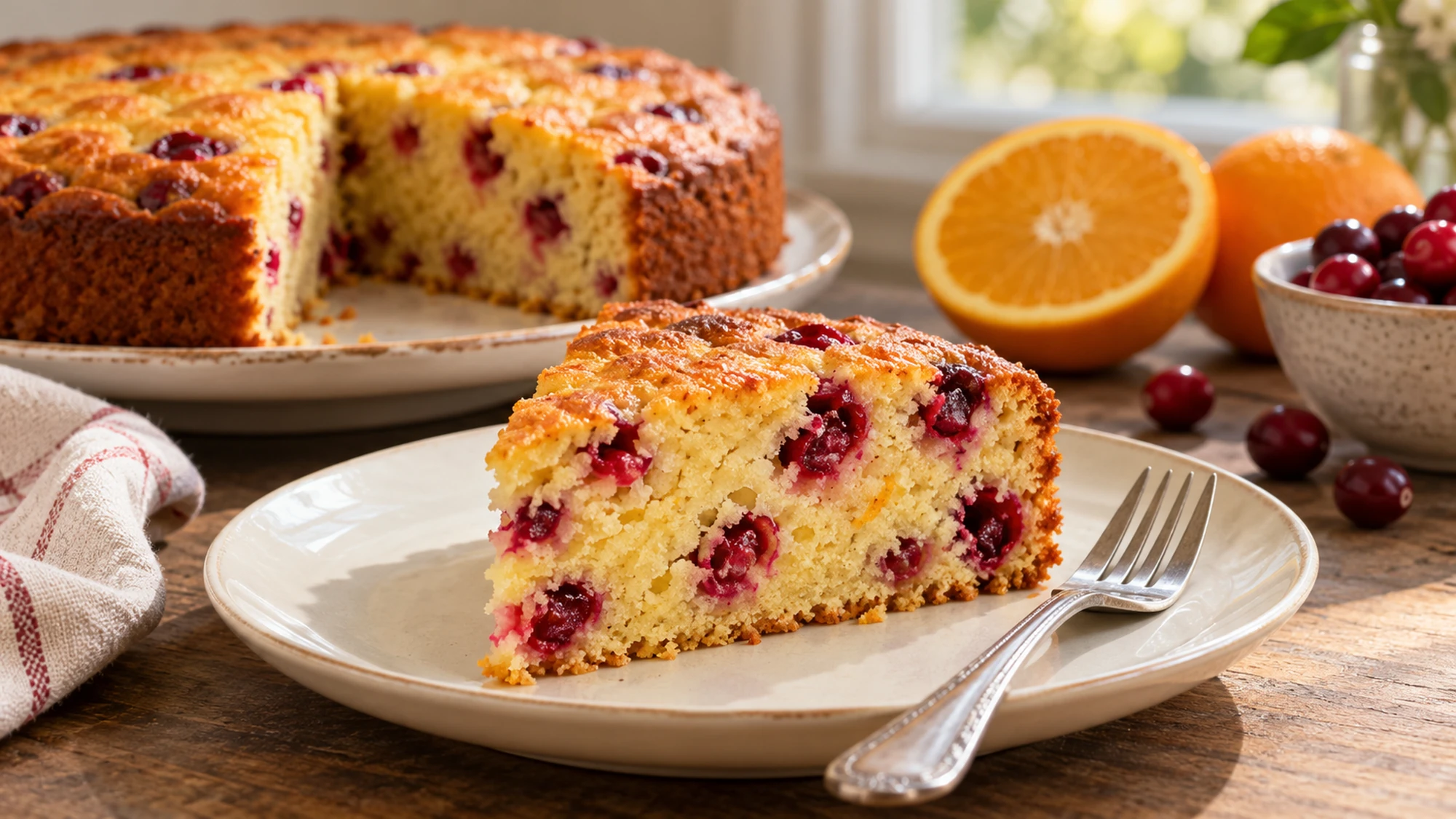 A wedge of cranberry orange cake on a plate beside the remaining cake