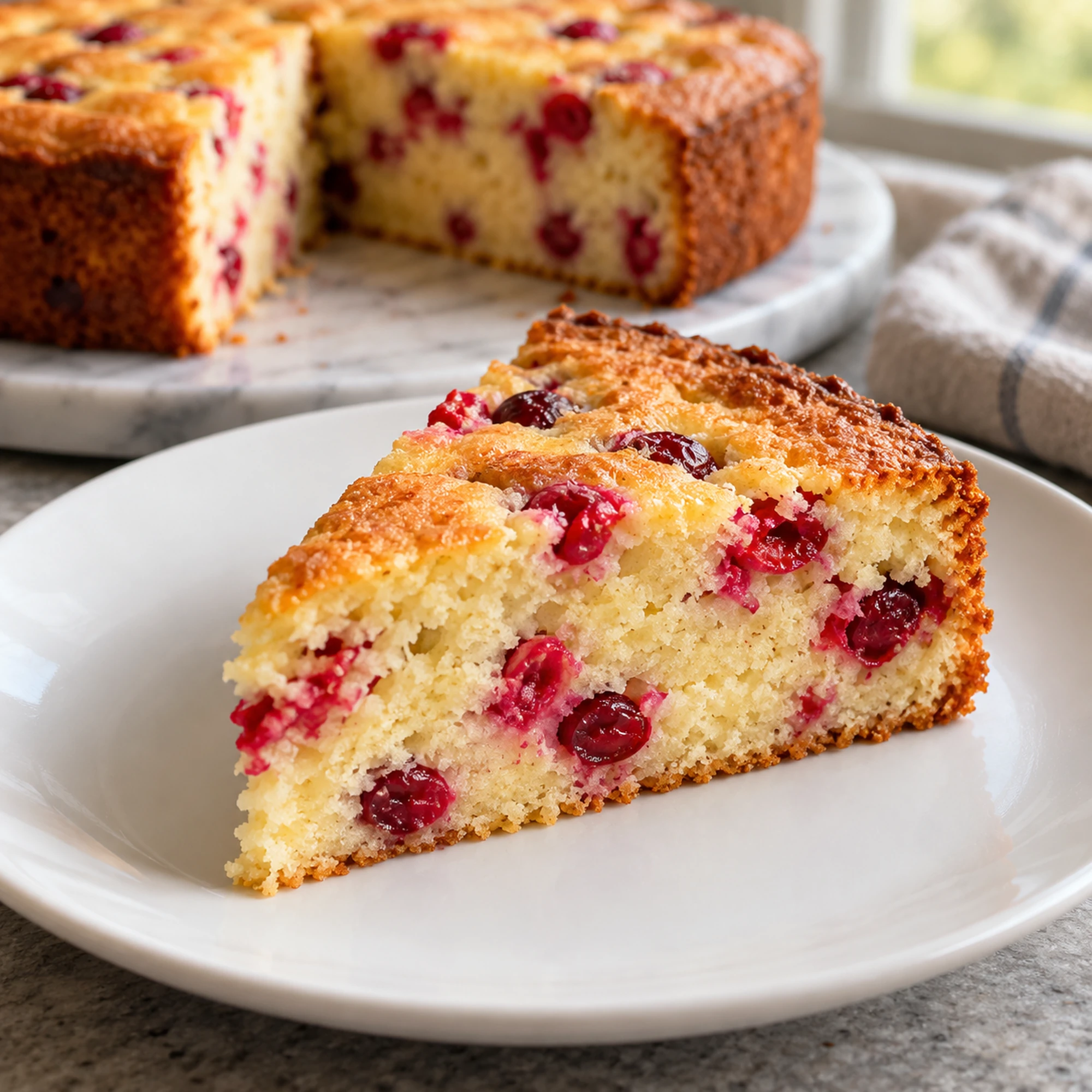 A slice of cranberry orange cake with tender golden crumb and red cranberries