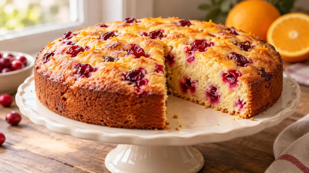 Round cranberry orange cake with a wedge removed to show the red cranberry pockets