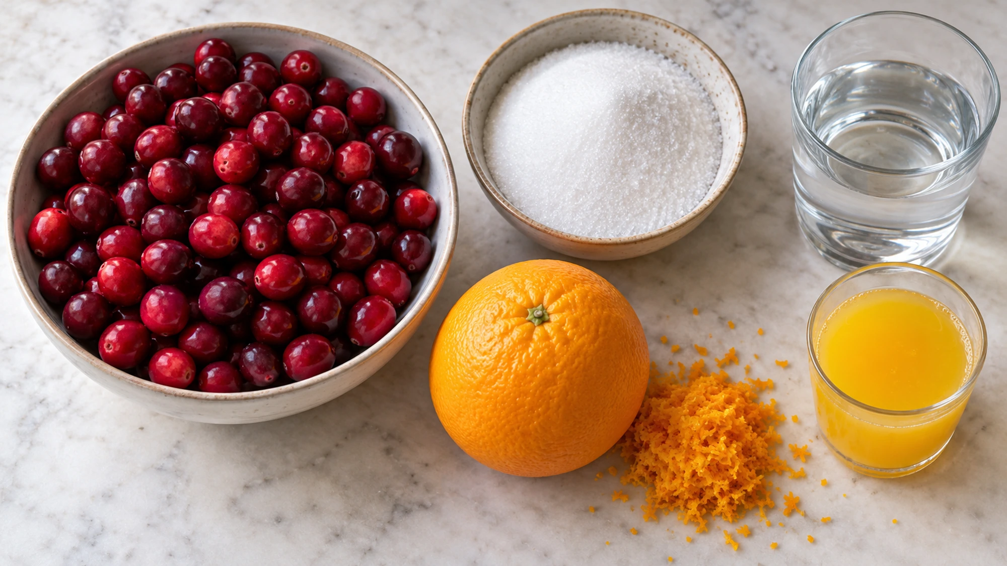 Fresh ingredients for cranberry orange sauce