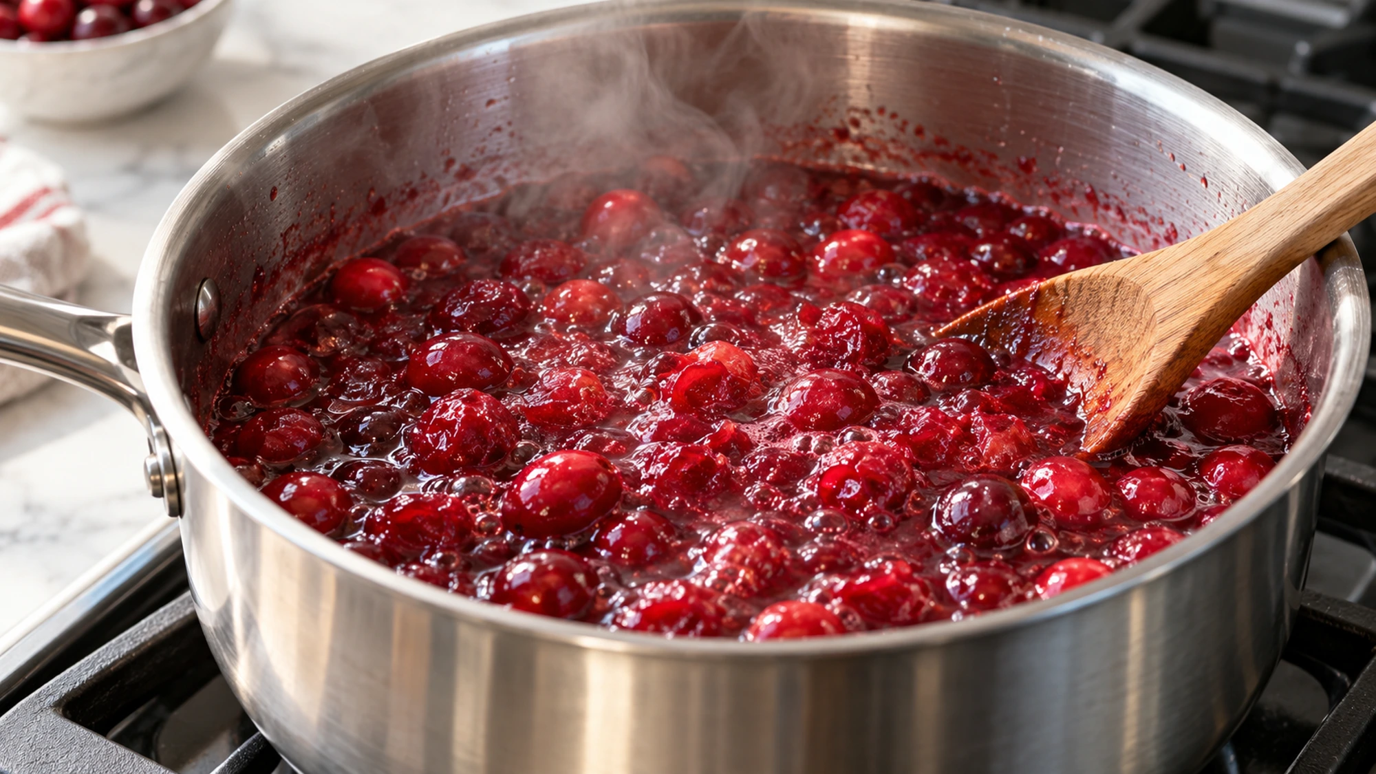 Cranberry orange sauce simmering in a stainless saucepan