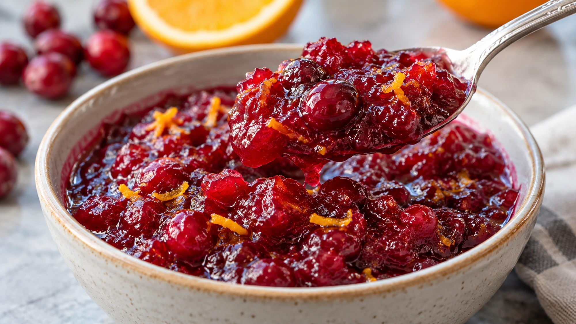 Spoonful of softly set cranberry orange sauce