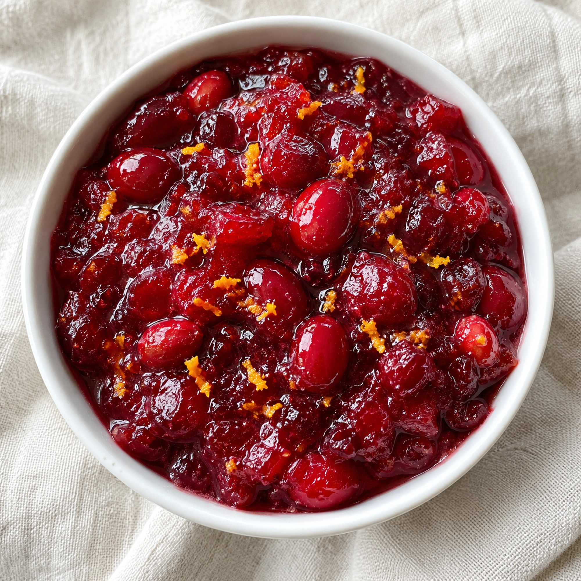 Overhead bowl of chunky cranberry orange sauce
