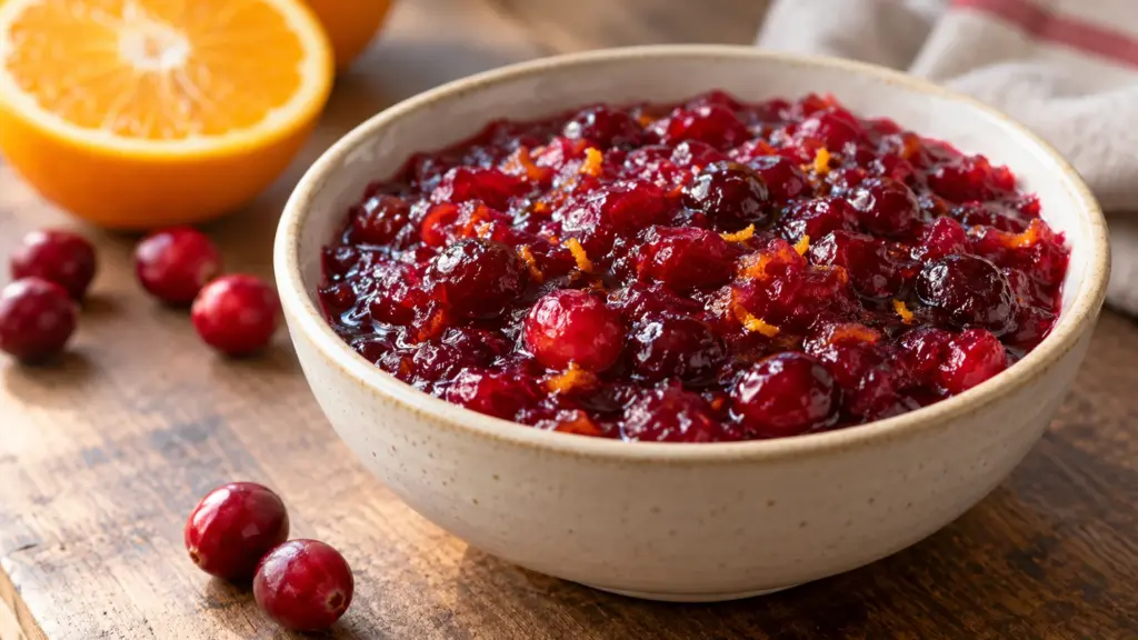 Cranberry orange sauce with burst berries and fine orange zest