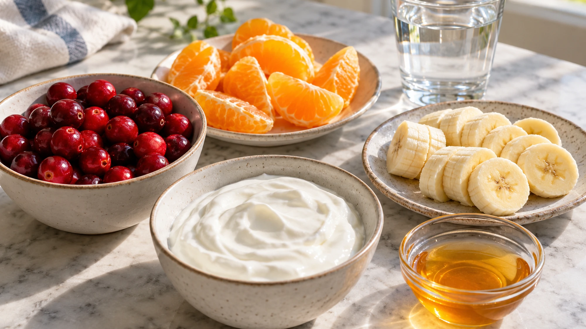Fresh fruit, Greek yogurt, water and honey for cranberry orange smoothie