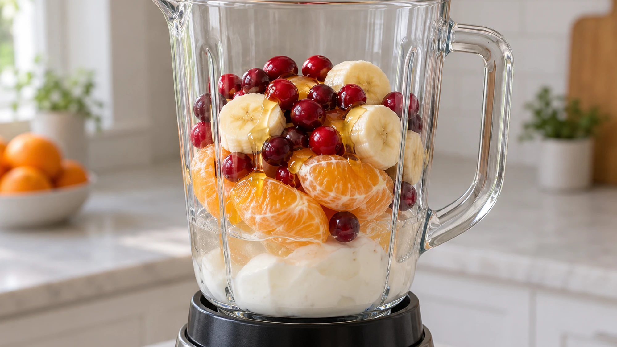 Cranberry orange smoothie ingredients layered in an open blender before blending