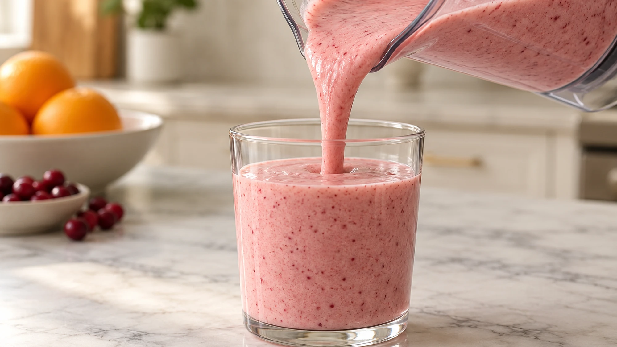 Cranberry orange smoothie pouring from a blender pitcher into a clear glass