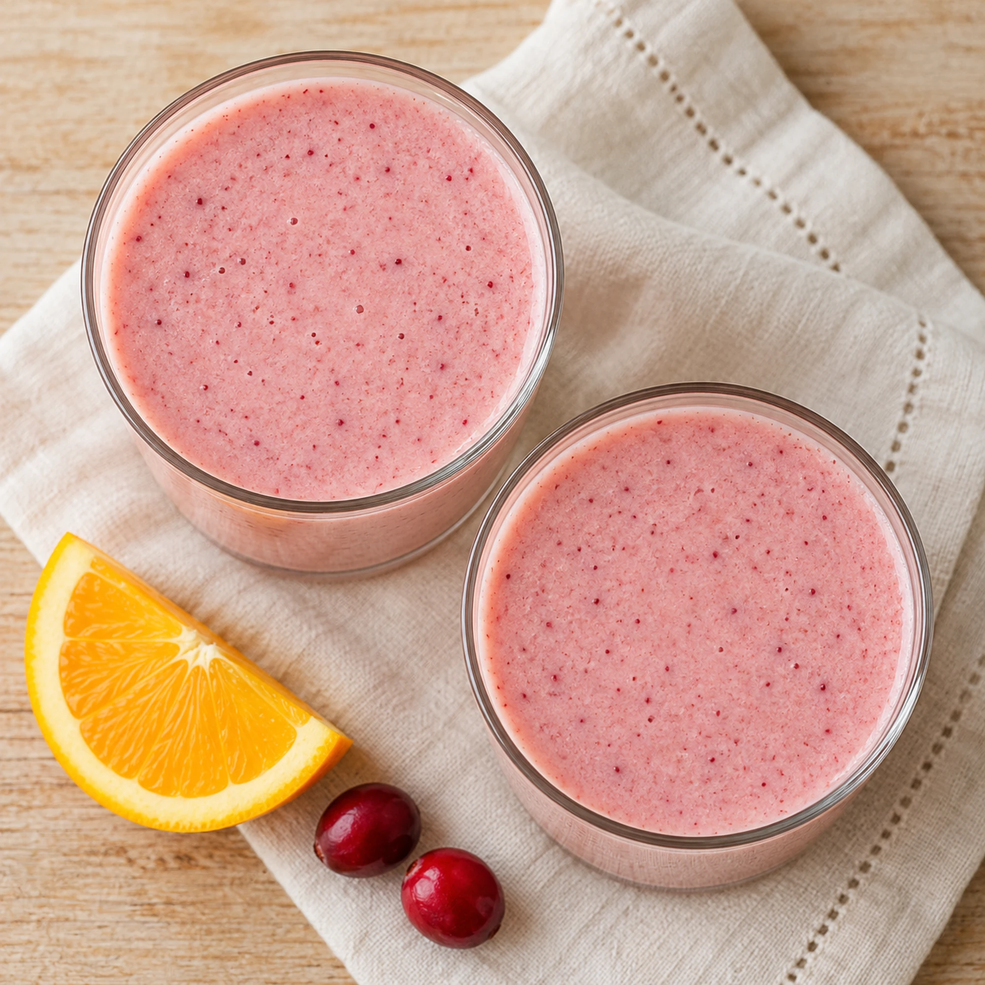 Two glasses of cranberry orange smoothie viewed from above beside fruit