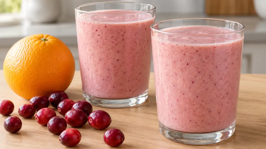 Cranberry orange smoothie in two clear glasses beside fresh cranberries and an orange