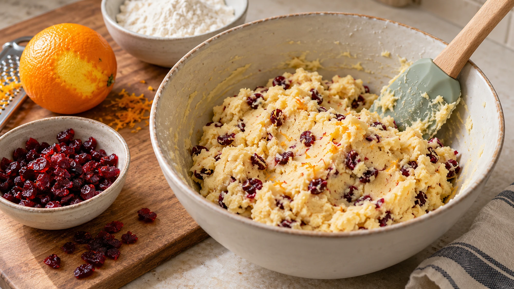 Dough for cranberry shortbread cookies with dried fruit and orange zest