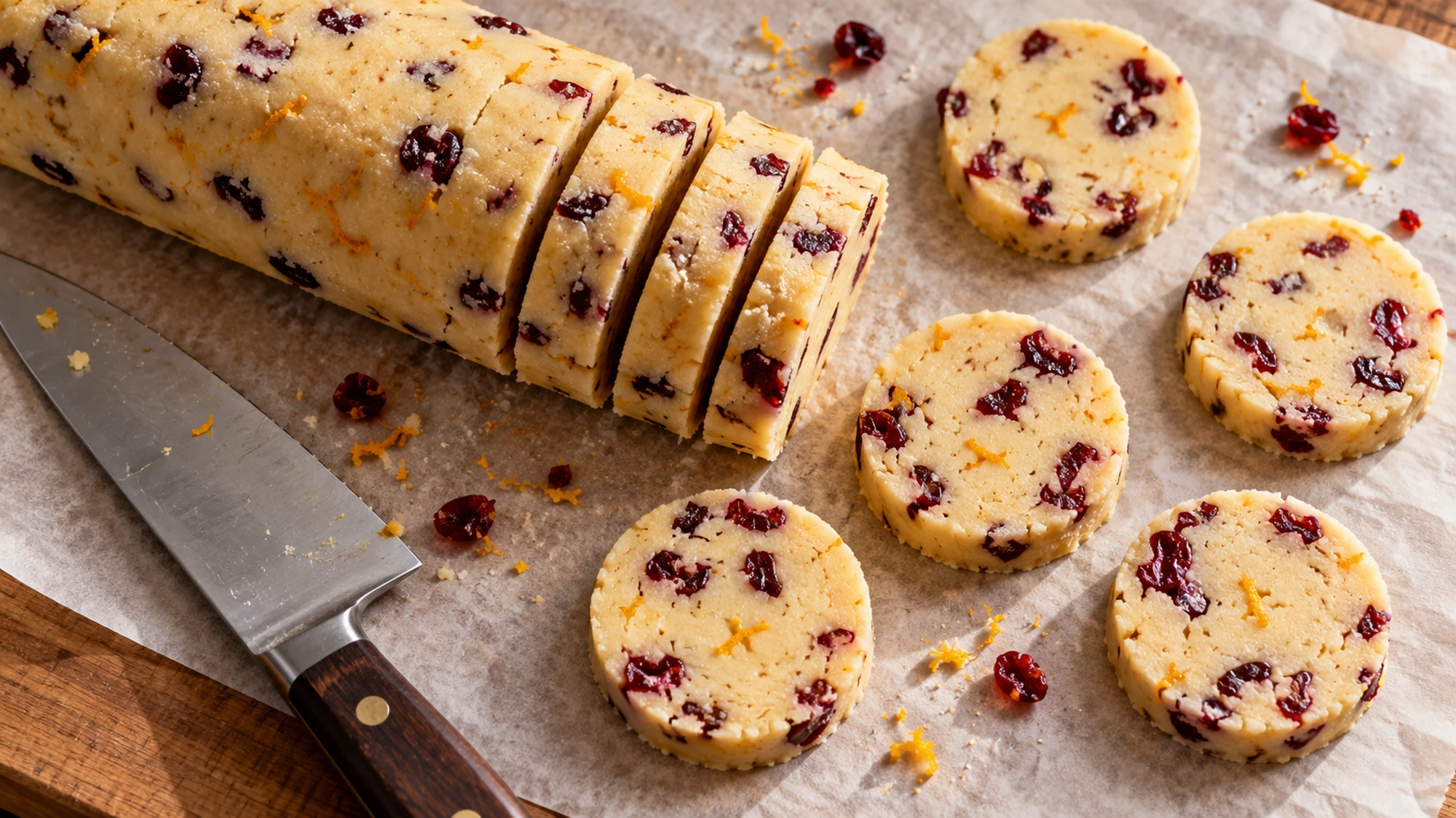 Chilled dough for cranberry shortbread cookies sliced into rounds