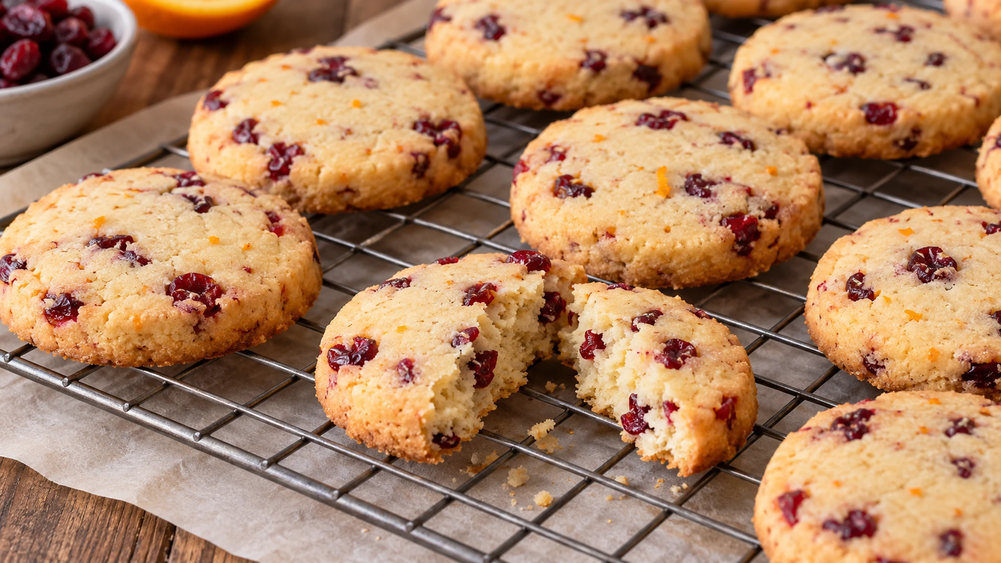 Cranberry shortbread cookies cooling on a wire rack
