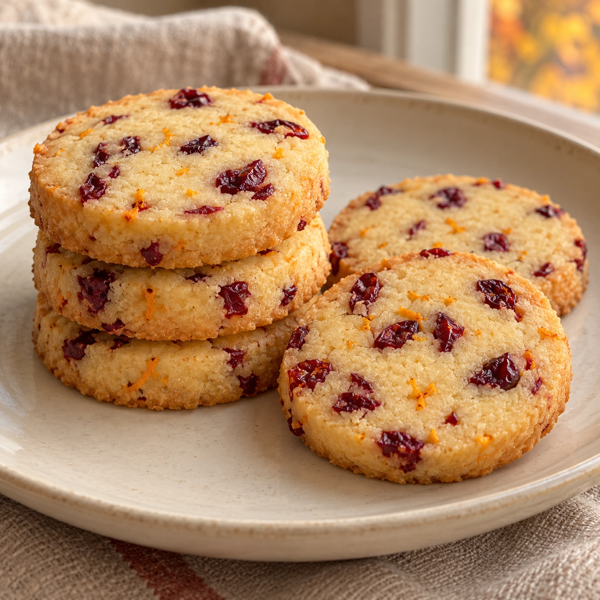 Stacked cranberry shortbread cookies with buttery edges