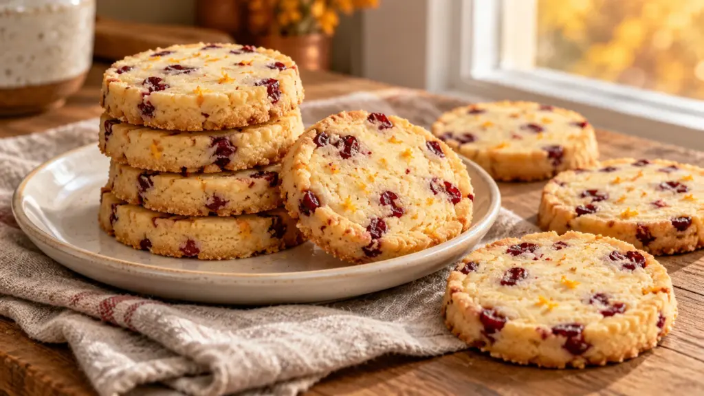 Cranberry shortbread cookies with orange zest on a plate