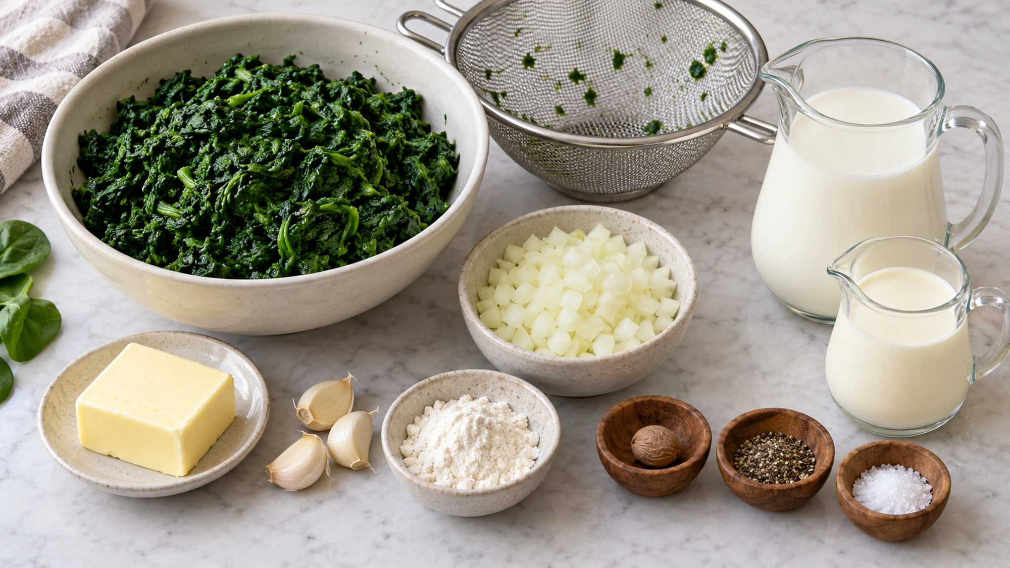 Spinach, dairy, onion, and seasonings for creamed spinach