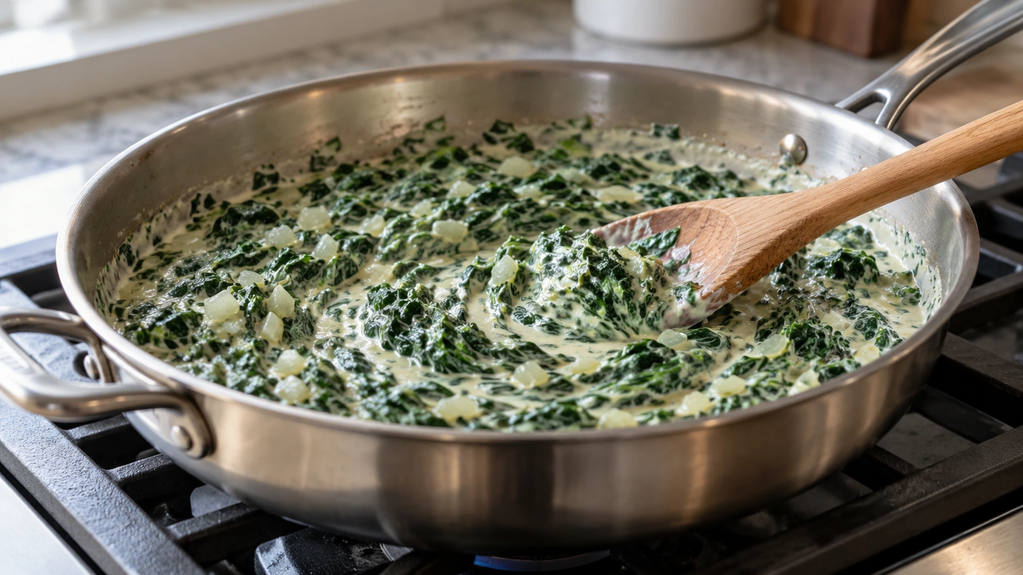 Creamed spinach being folded into sauce in a saute pan