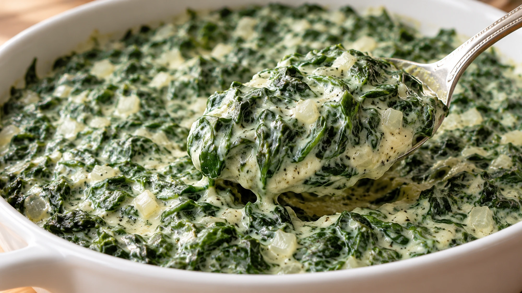 A spoonful of creamed spinach showing thick sauce and chopped leaves