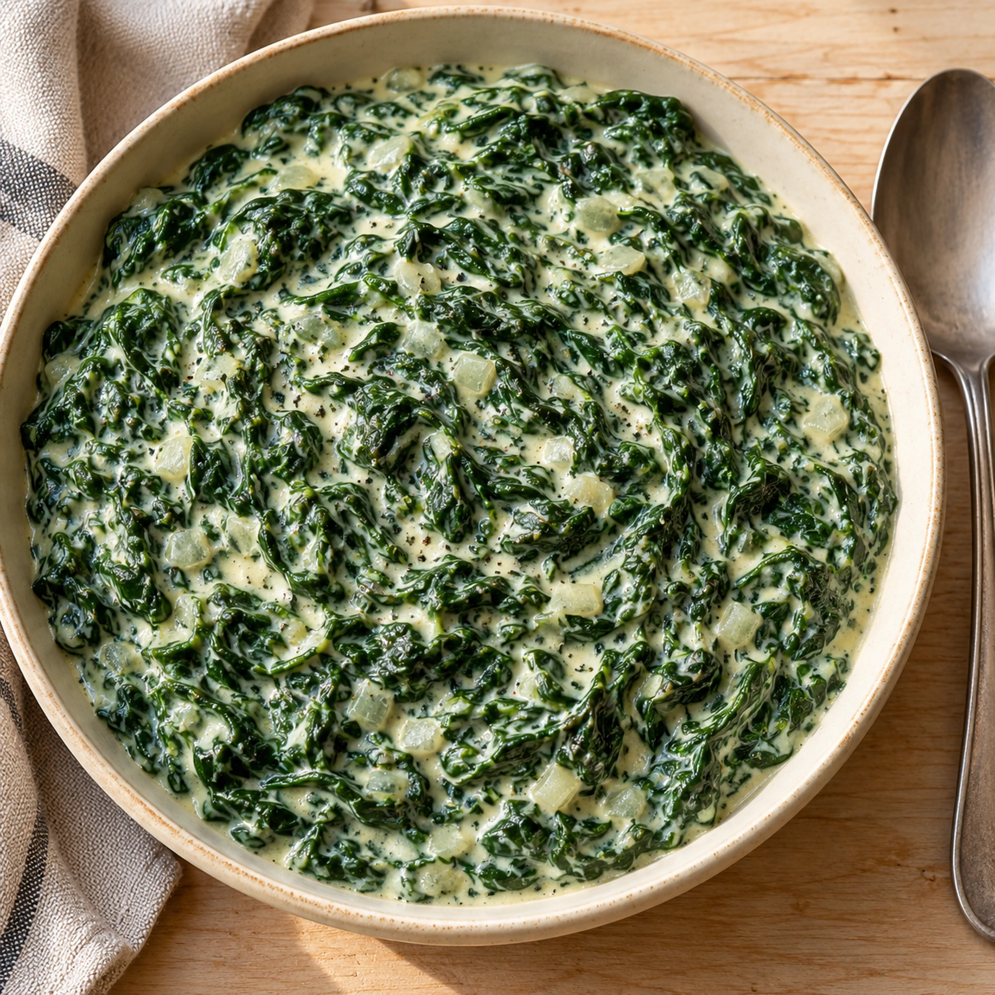 Creamed spinach in a round bowl viewed from above