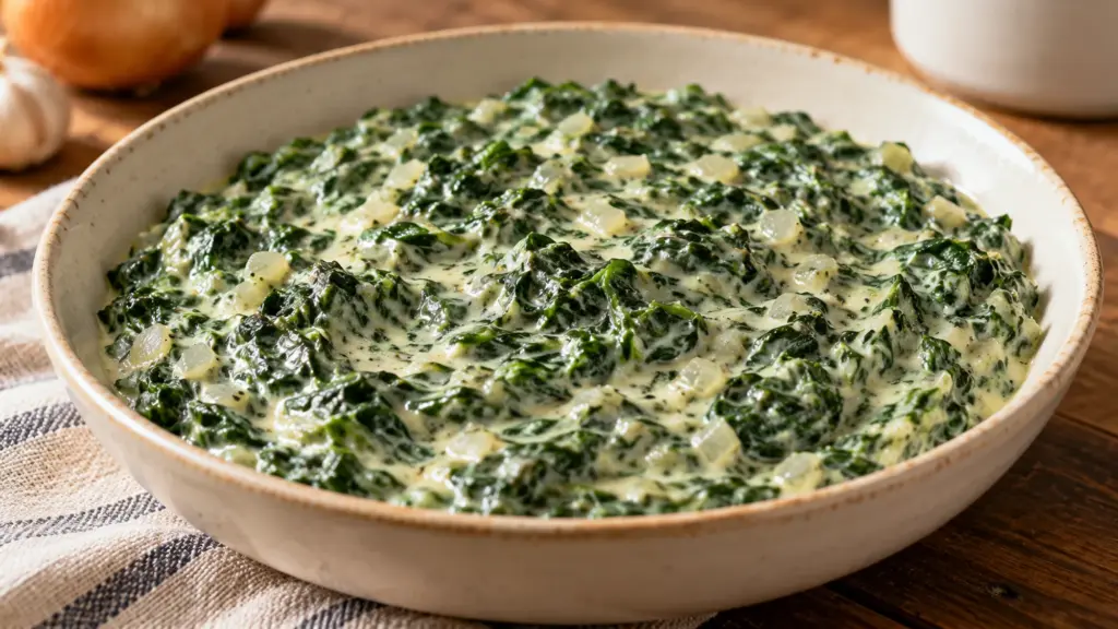Creamed spinach with onion in a shallow ceramic bowl