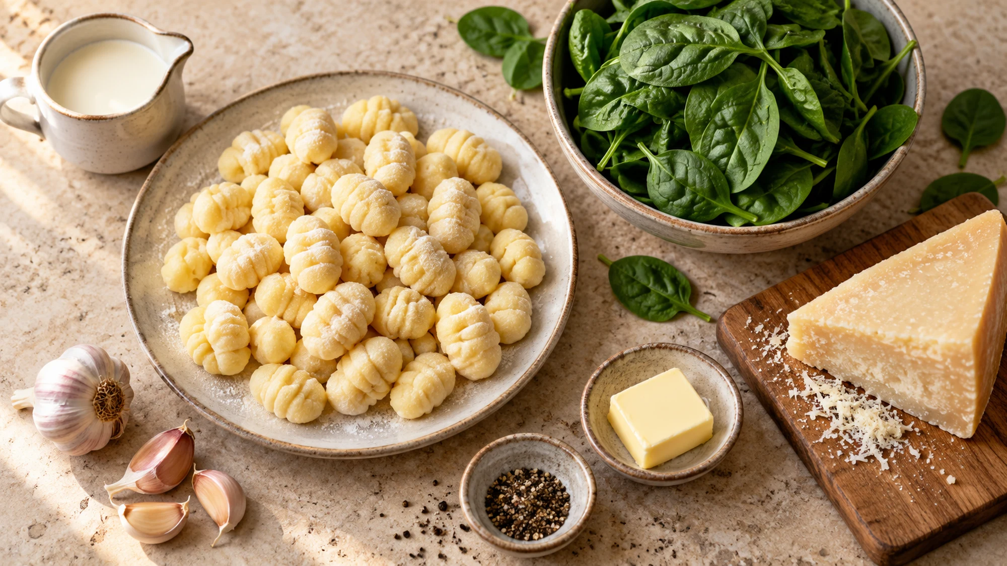 Ingredients for creamy spinach gnocchi