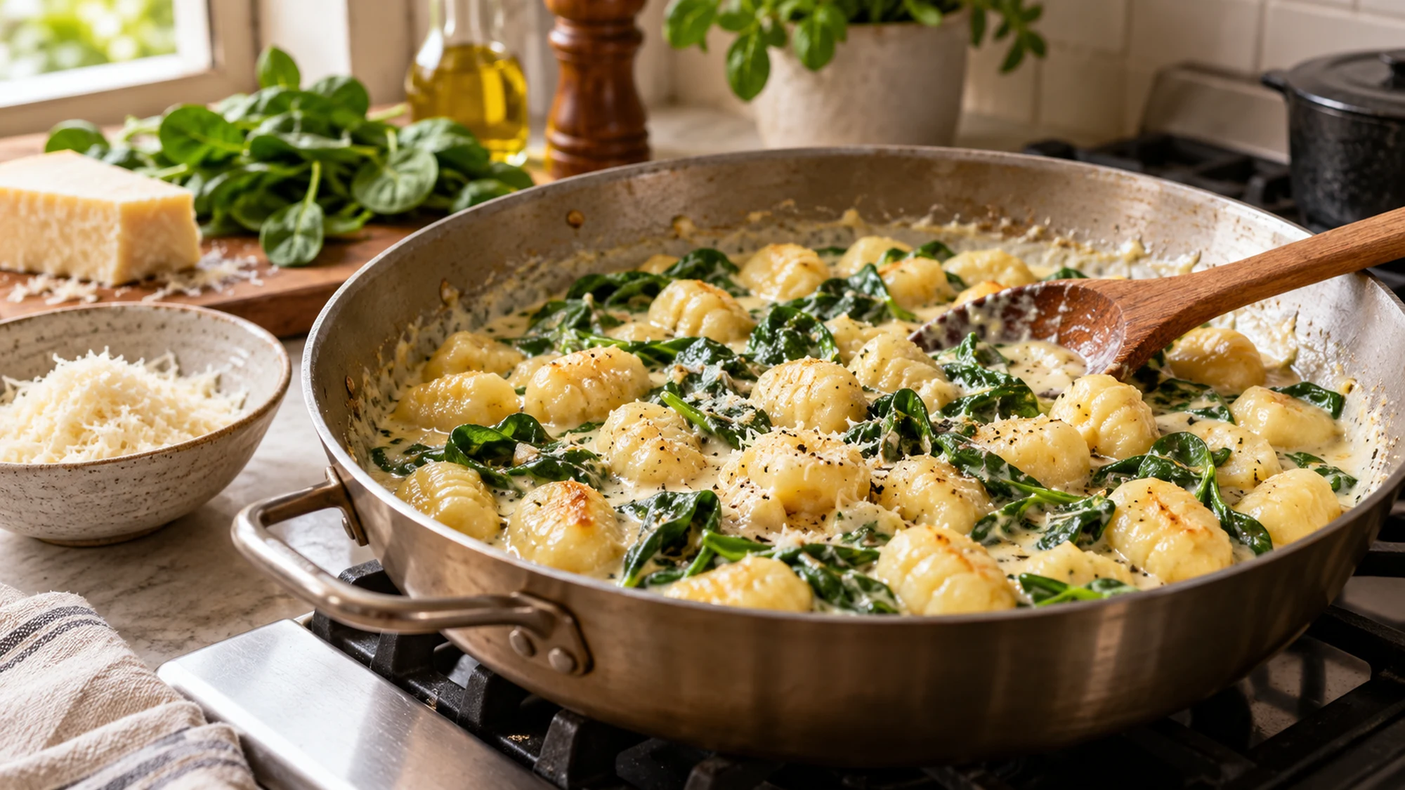 creamy spinach gnocchi during cooking