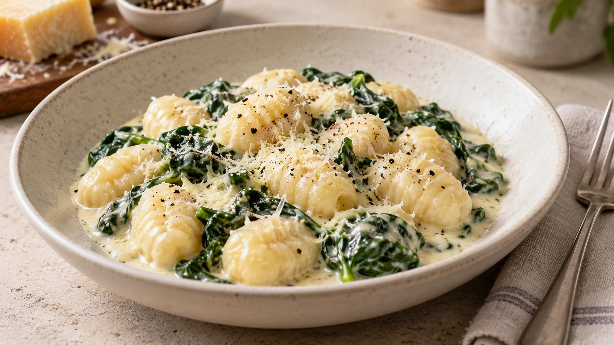 Creamy spinach gnocchi served in a shallow bowl
