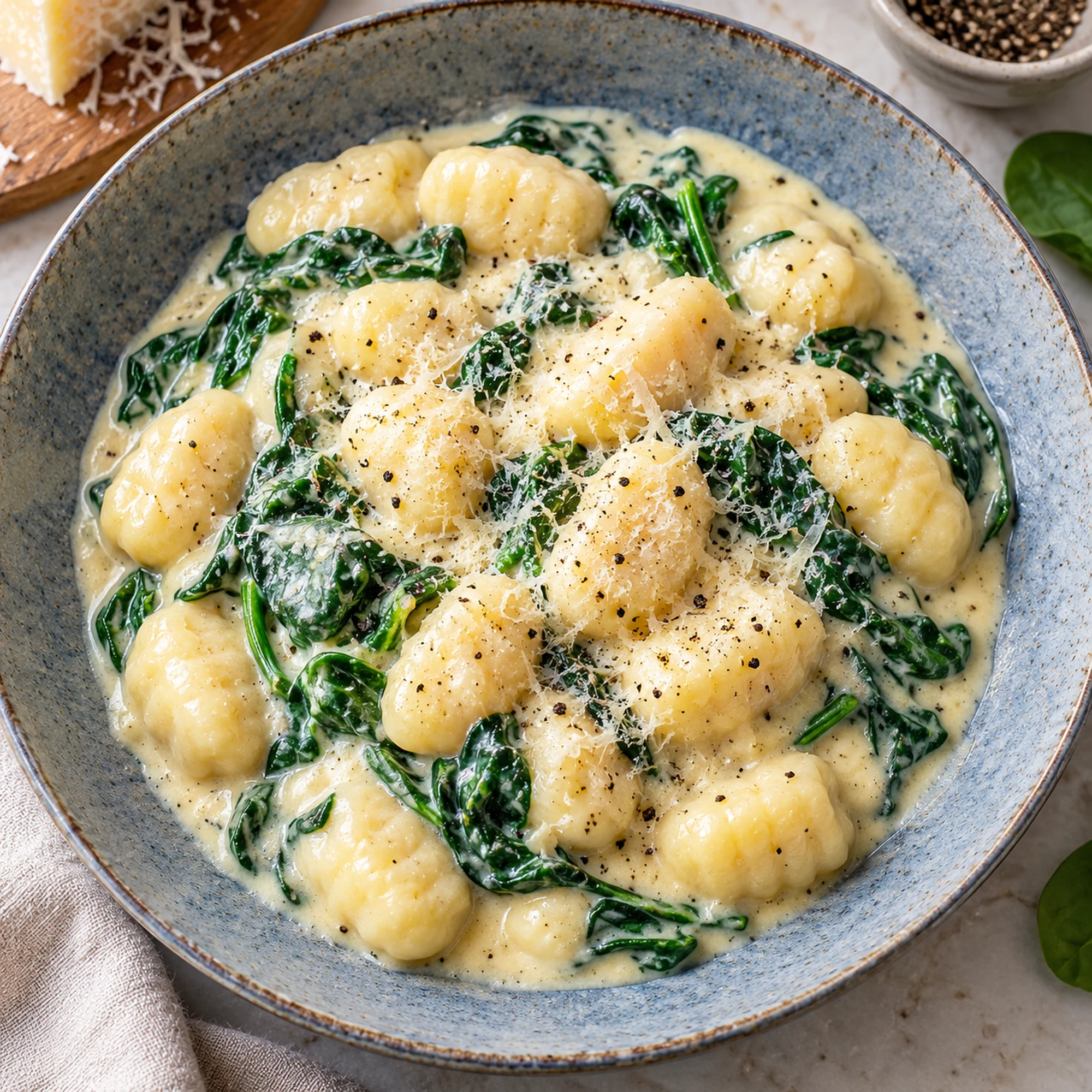 Creamy spinach gnocchi with Parmesan in a blue bowl