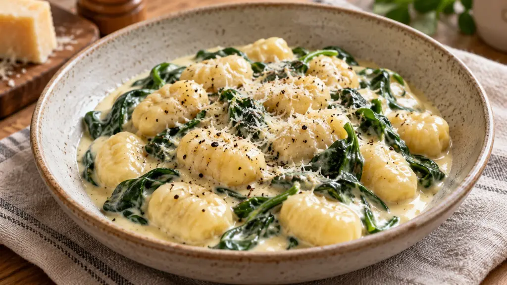 Creamy spinach gnocchi with grated cheese in a skillet