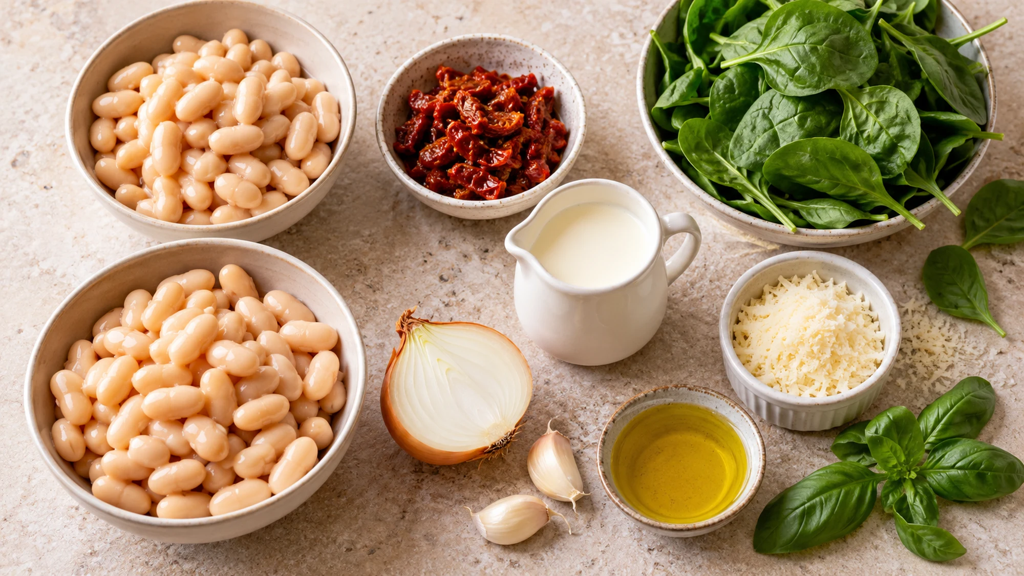 Ingredients for creamy white bean skillet arranged on a kitchen counter