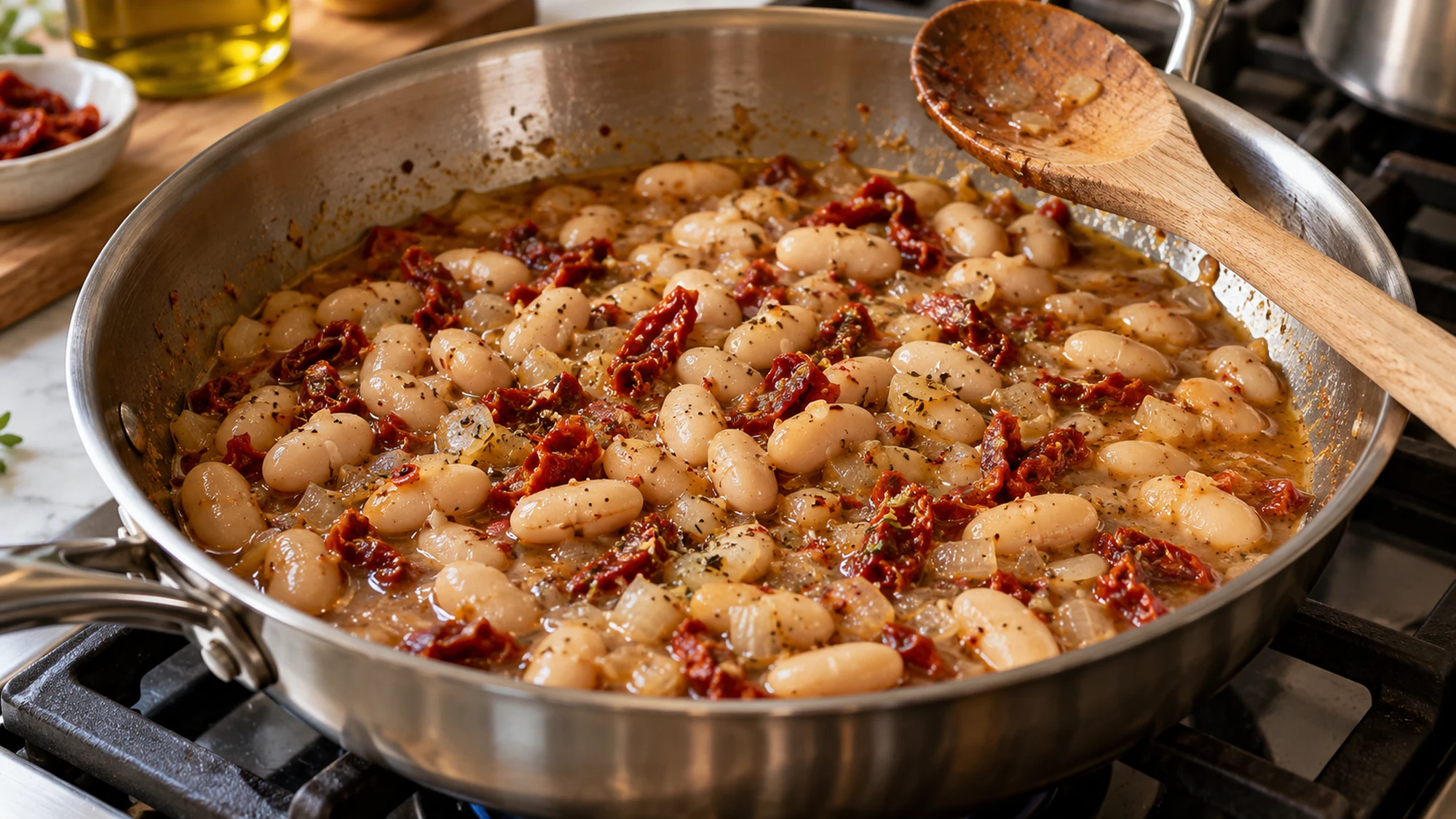 Creamy white bean skillet beans simmering with sun-dried tomatoes before adding cream