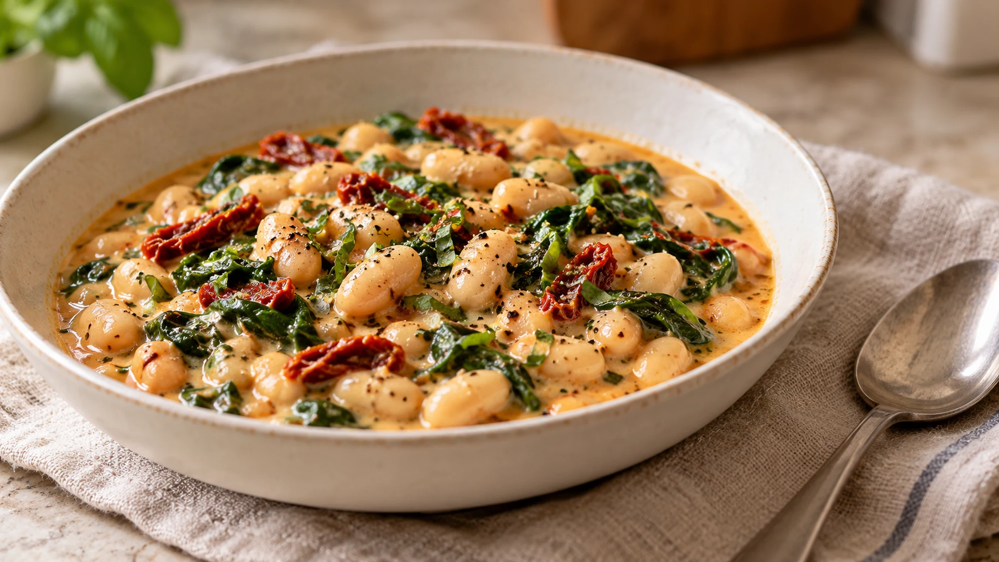 Creamy white bean skillet served in a shallow bowl with spinach