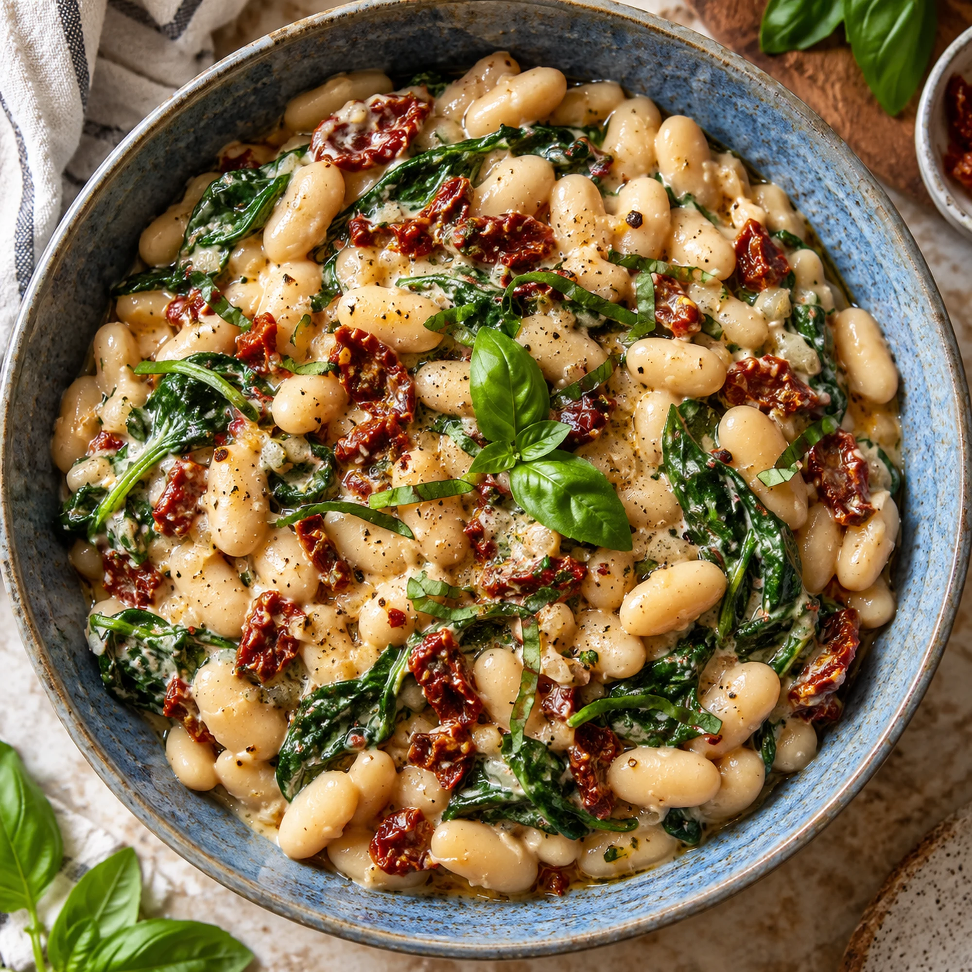 Creamy white bean skillet with sun-dried tomatoes in a blue-gray bowl