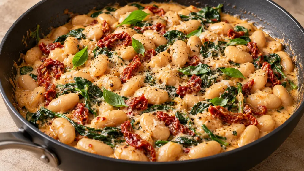 Creamy white bean skillet with sun-dried tomatoes, spinach and basil