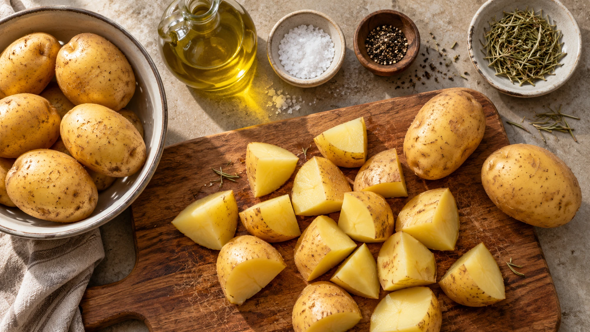 Skin-on yellow potatoes olive oil and seasonings for crispy roasted potatoes