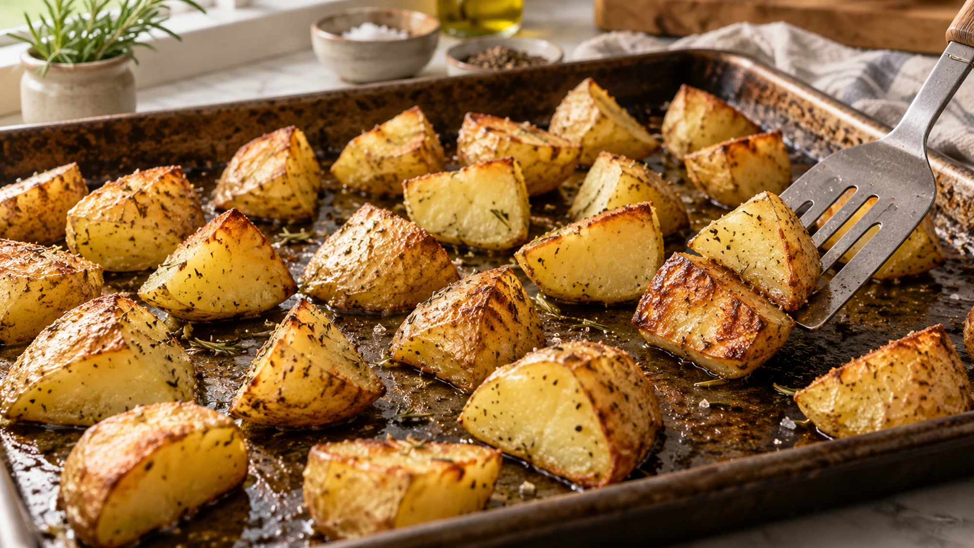 Crispy roasted potatoes being turned on a metal sheet pan