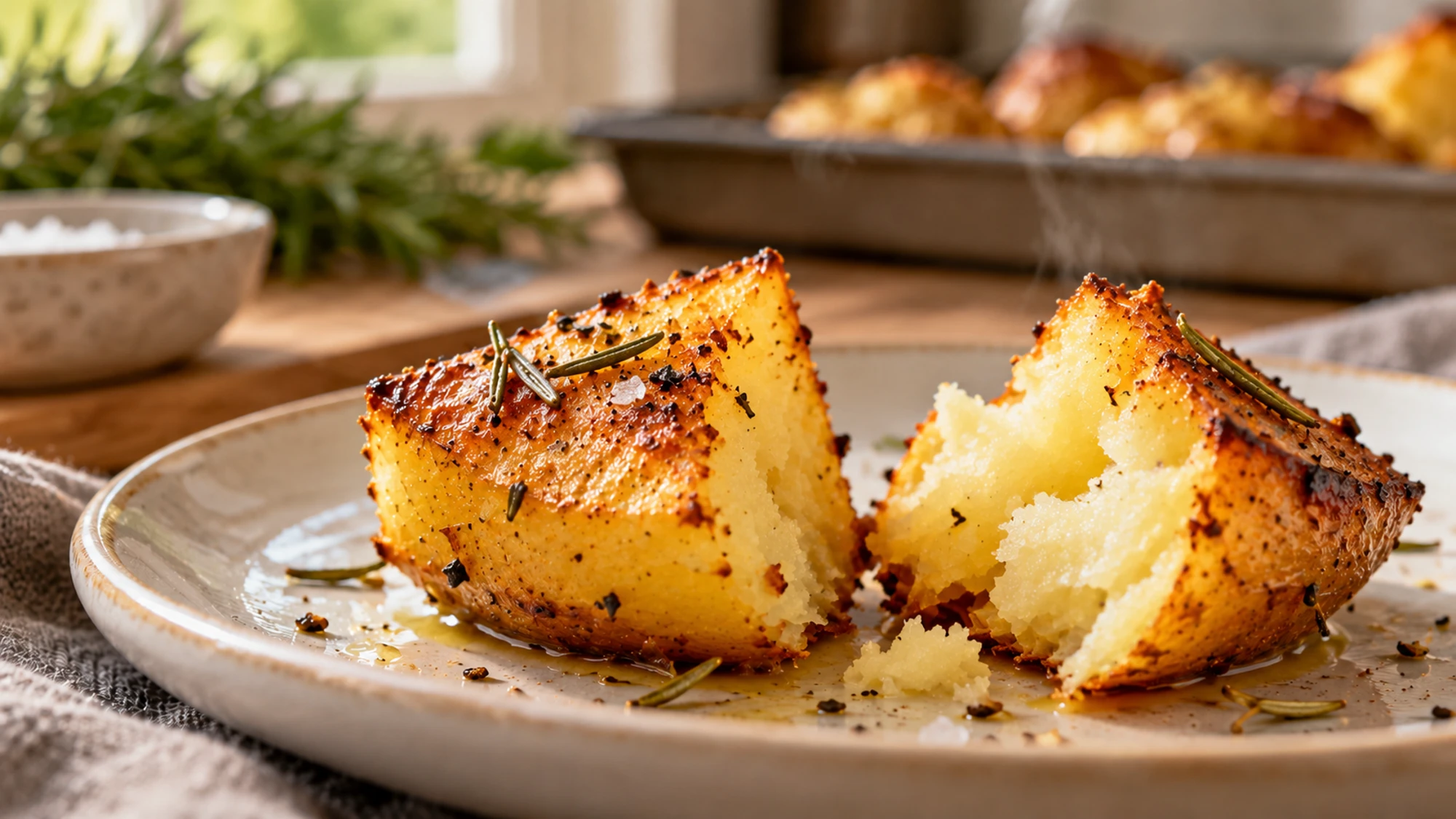 Crispy roasted potatoes broken open to show tender interiors and golden edges