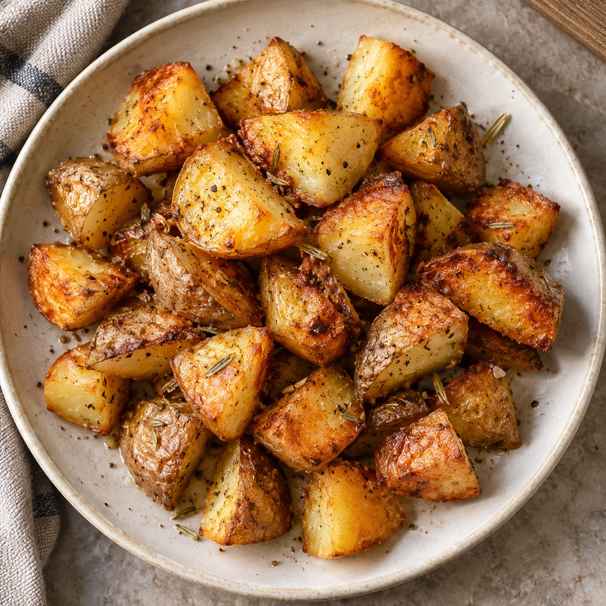 Crispy roasted potatoes on a cream plate viewed from above