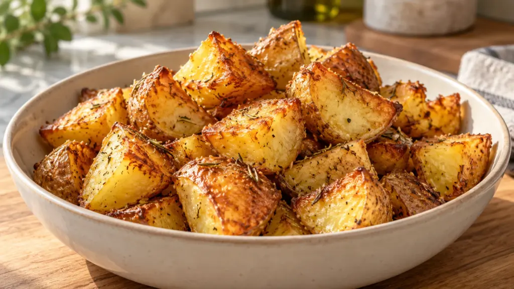 Crispy roasted potatoes with golden cut surfaces and rosemary