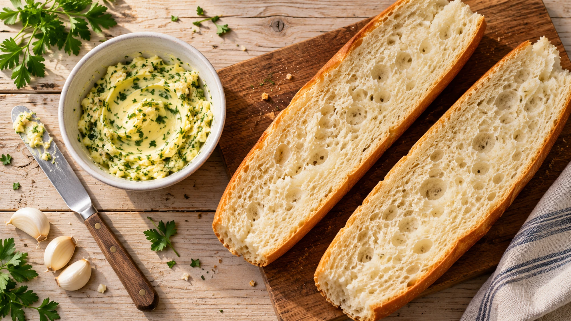 Split French loaf and garlic butter ingredients for garlic bread