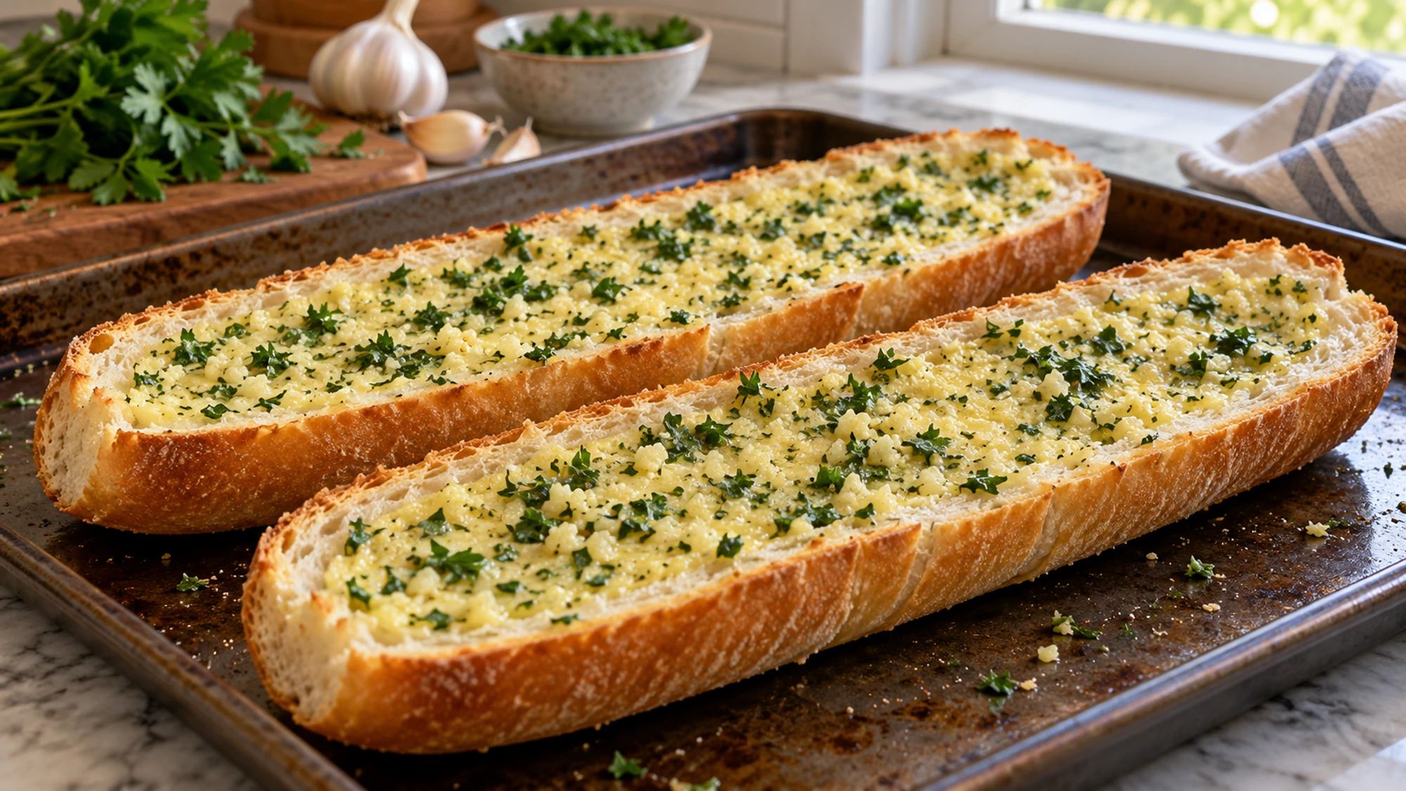 Garlic bread halves spread with parsley butter on a baking sheet