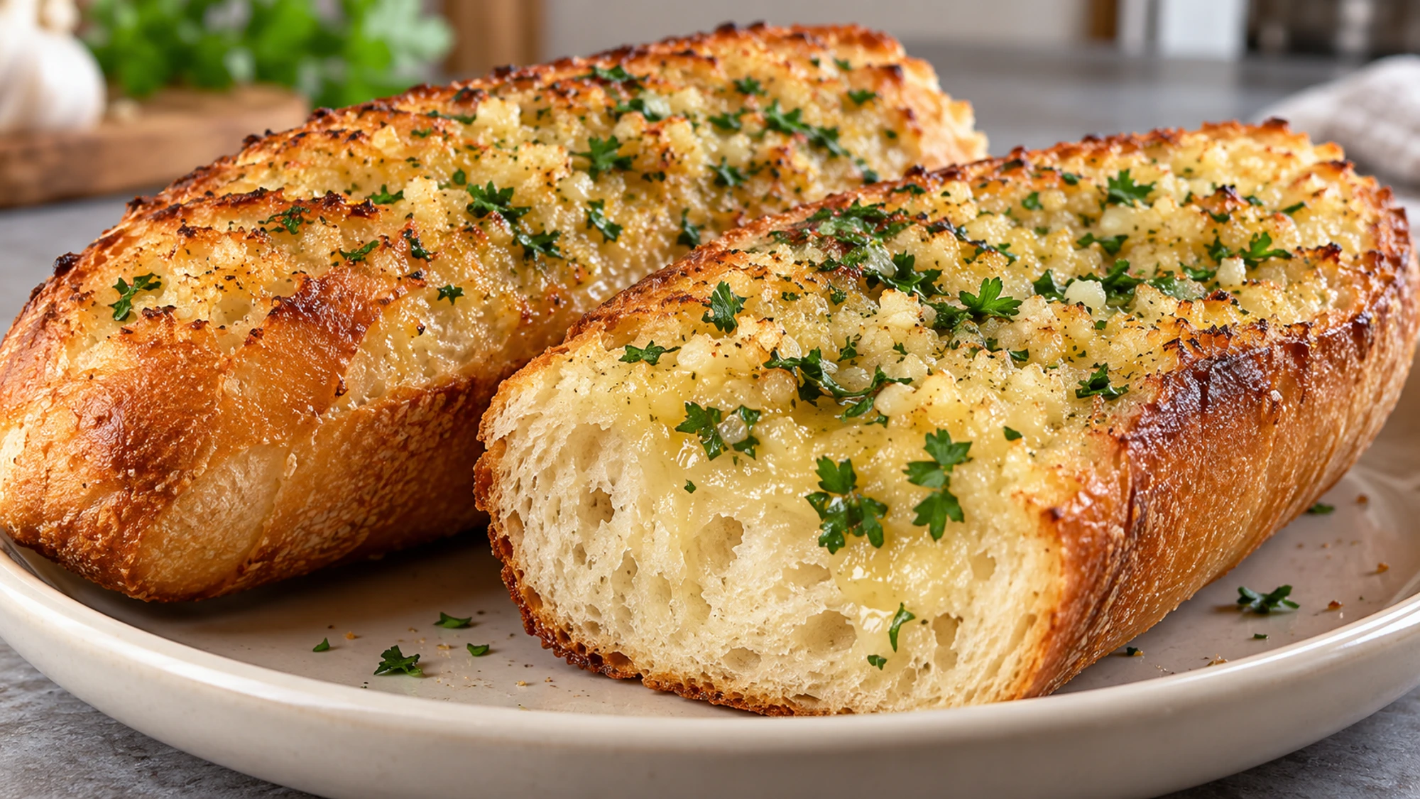 Garlic bread pieces showing a soft center and toasted crust
