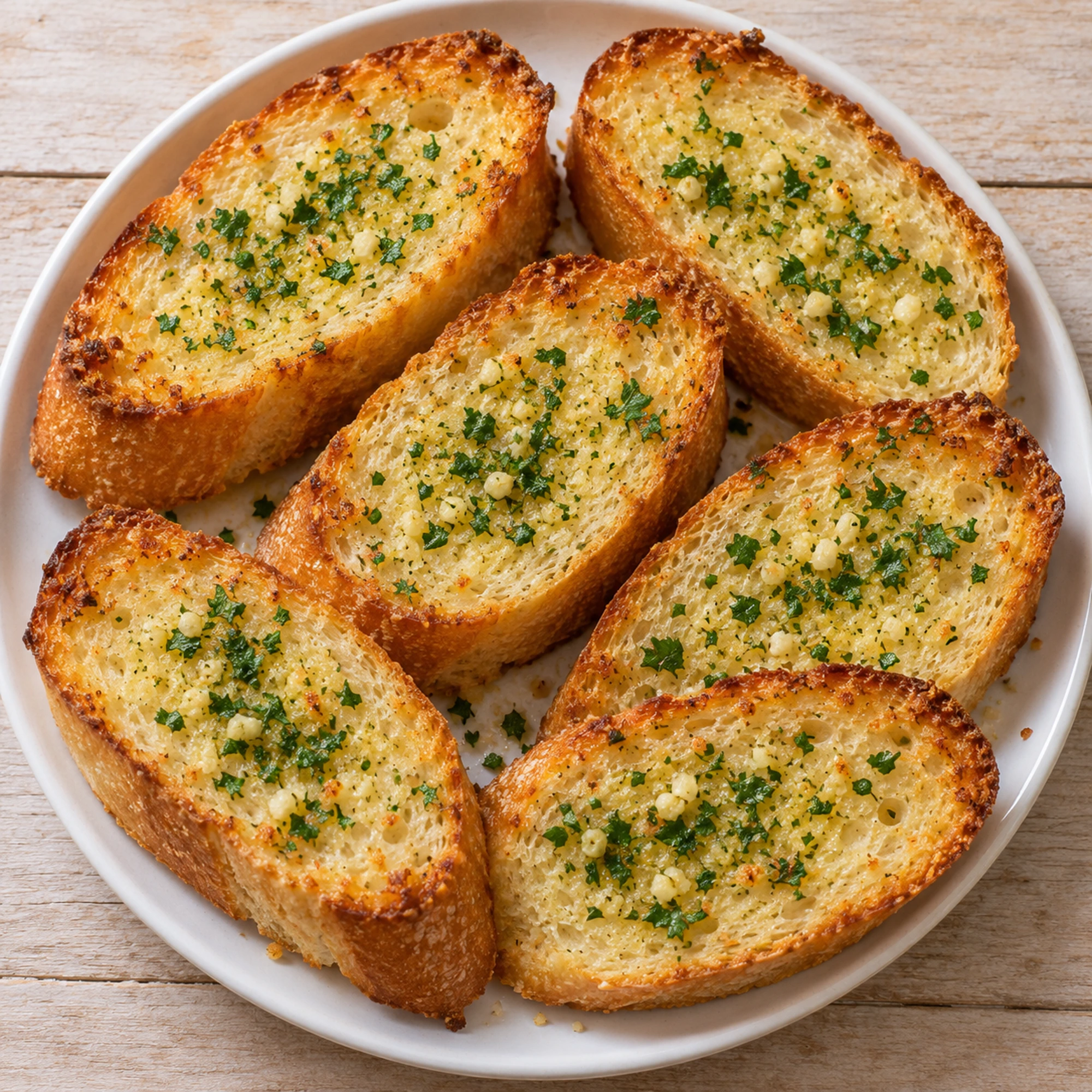 Garlic bread slices arranged on a round white plate